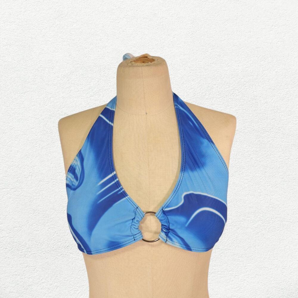 Y2K Marble Swirl Print Halter Festival Bikini Crop Top Blue with Silver O-Ring